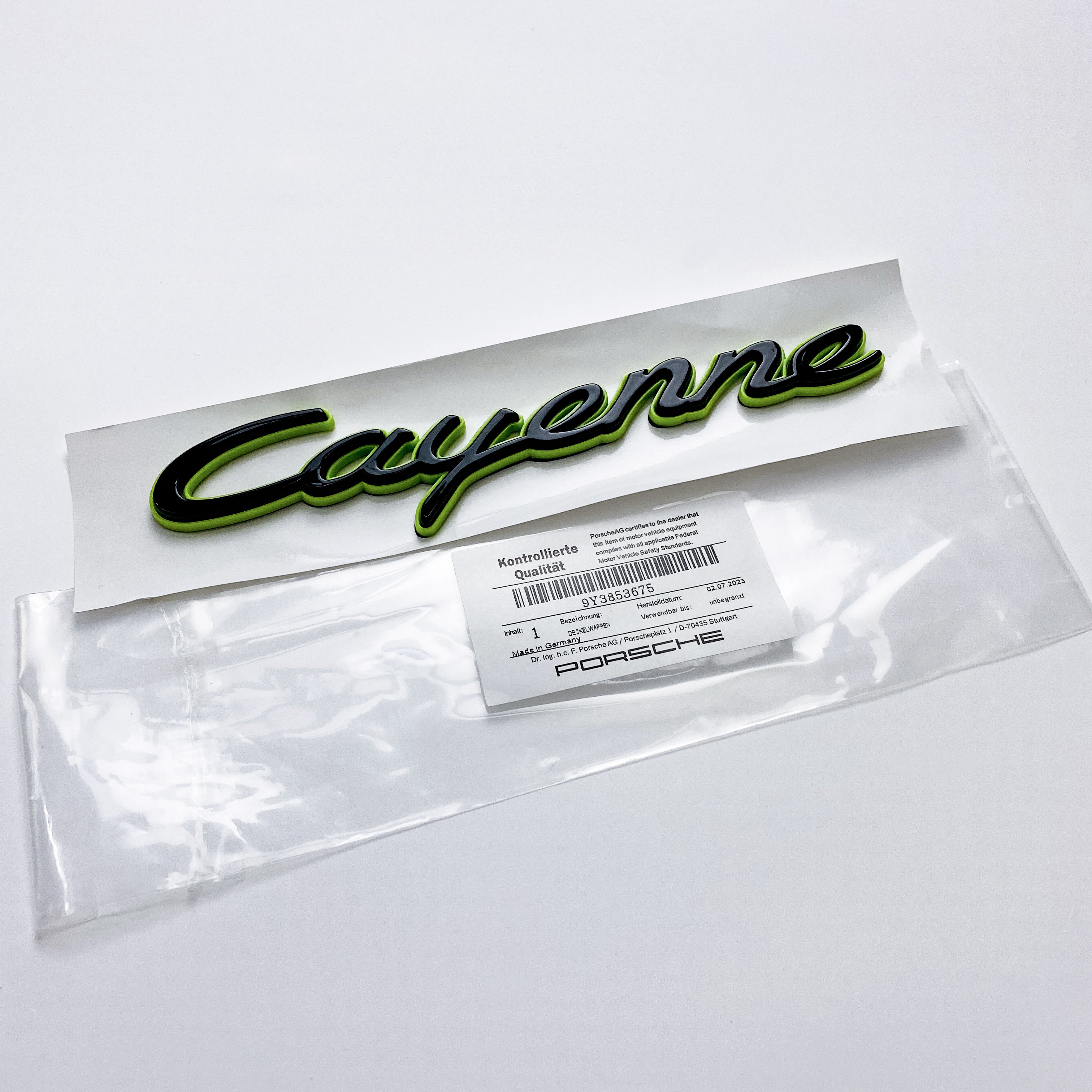 Porsche "Cayenne" Rear Trunk Emblem Decal Badge Green Base Black 9Y3853675 Italiaspares