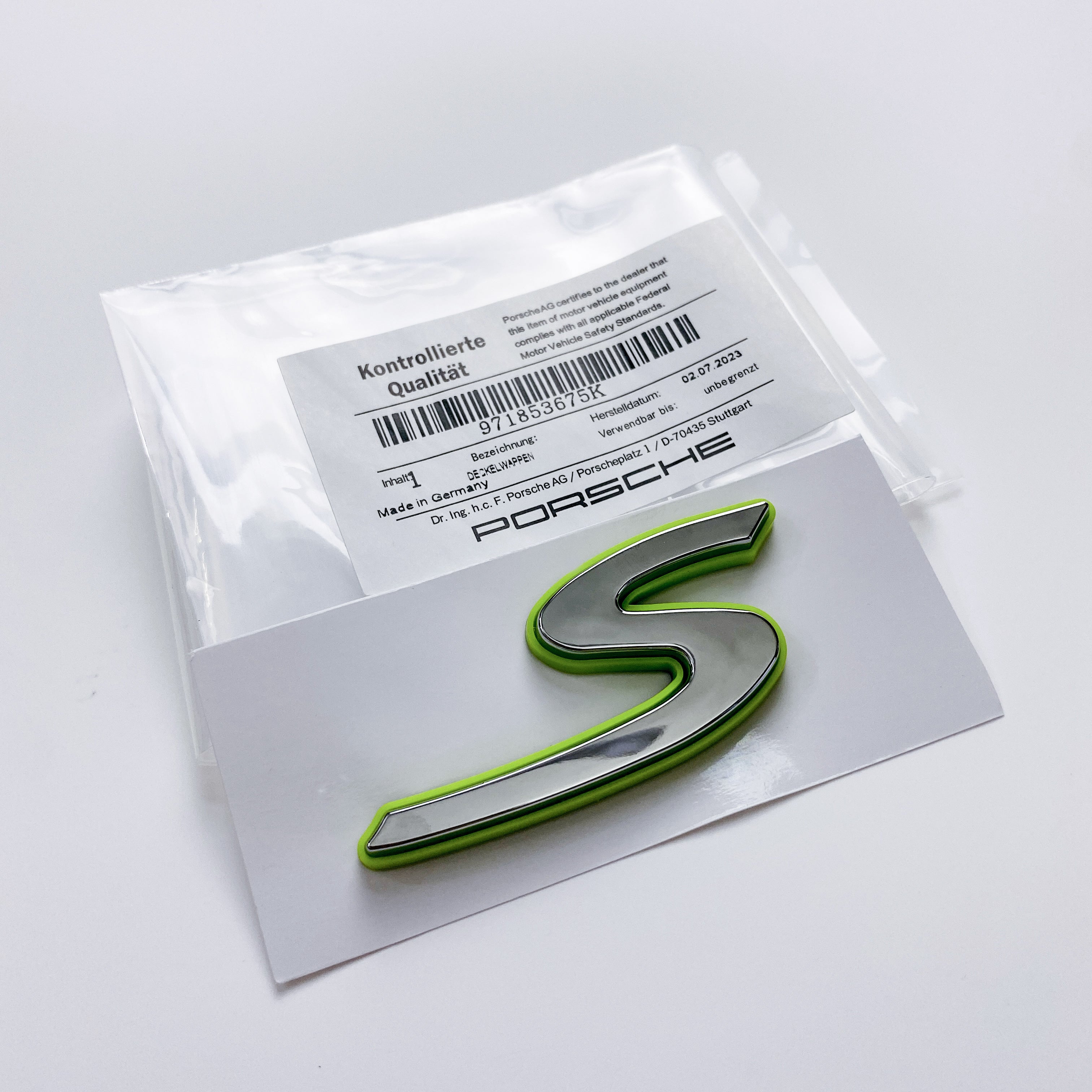 Porsche “S” Rear Emblem Badge Logo Nameplate Letter Green Base Sliver 971853675K Italiaspares