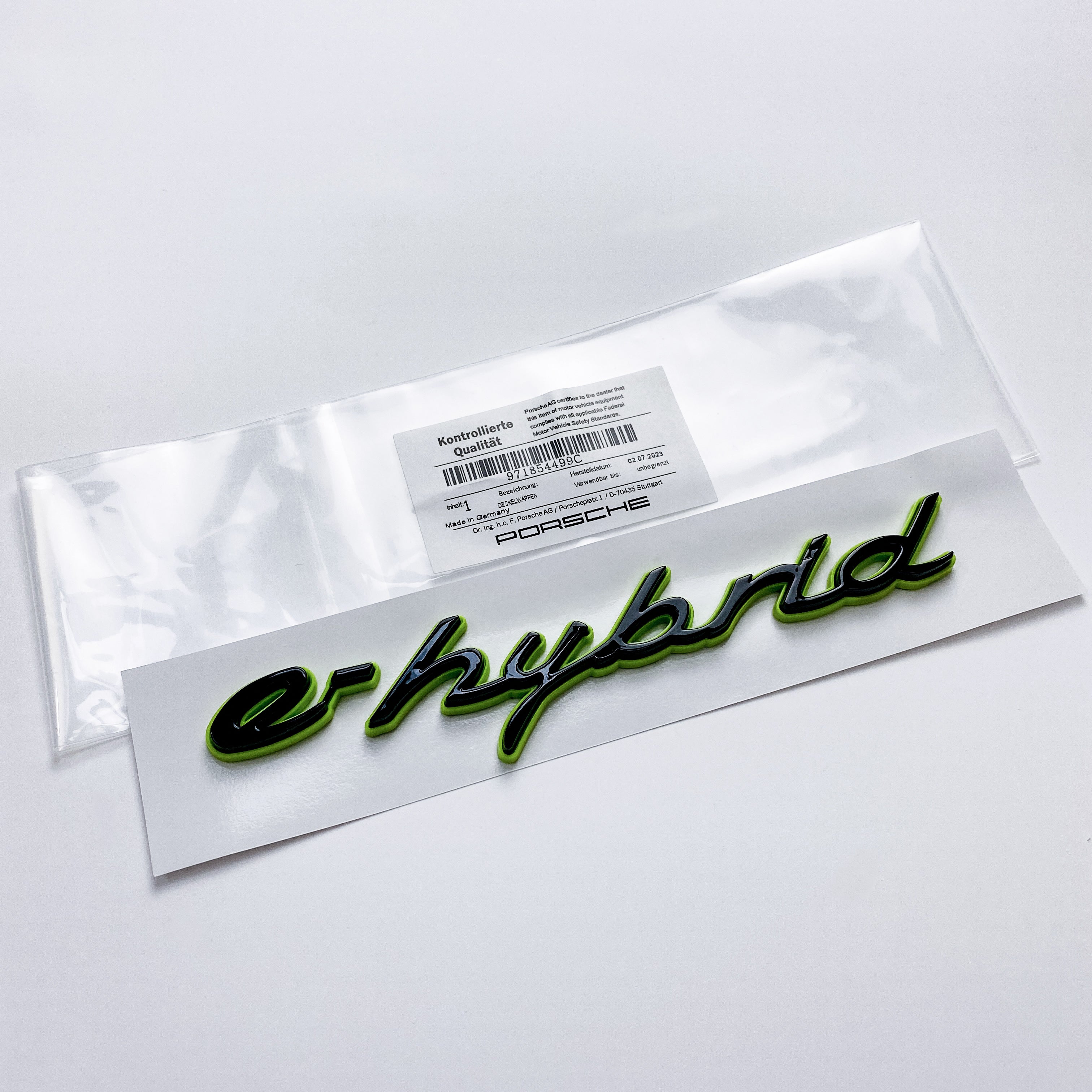 Porsche "e-hybrid" Letter Badge Emblem Car Sticker Green Base Black 971854499C Italiaspares