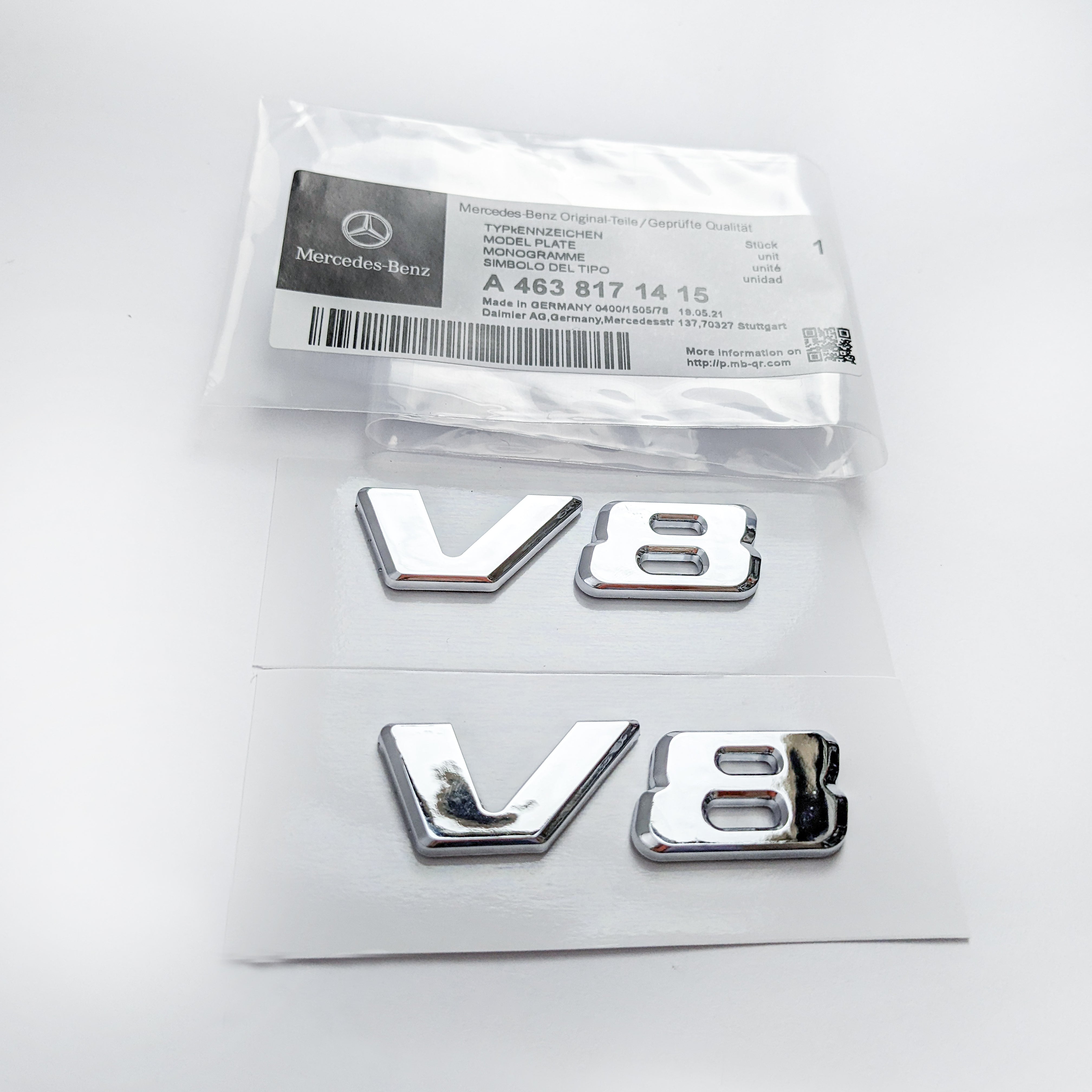 Mercedes-Benz Chrome Silver " V8 " Side Letters Trunk Emblem Badge Sticker A4638171415 Italiaspares