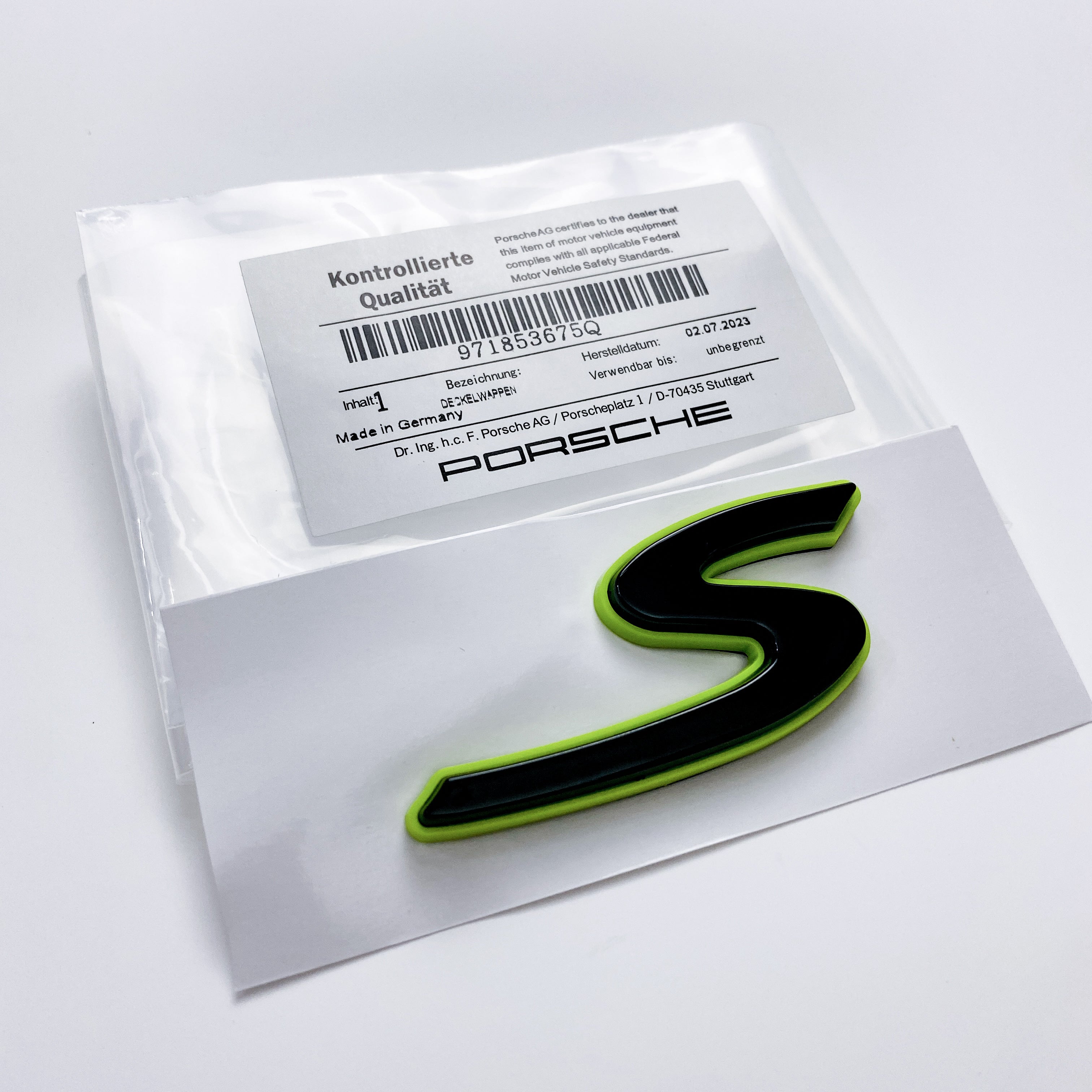 Porsche “S” Rear Emblem Badge Logo Nameplate Letter Green Base Black 971853675Q Italiaspares