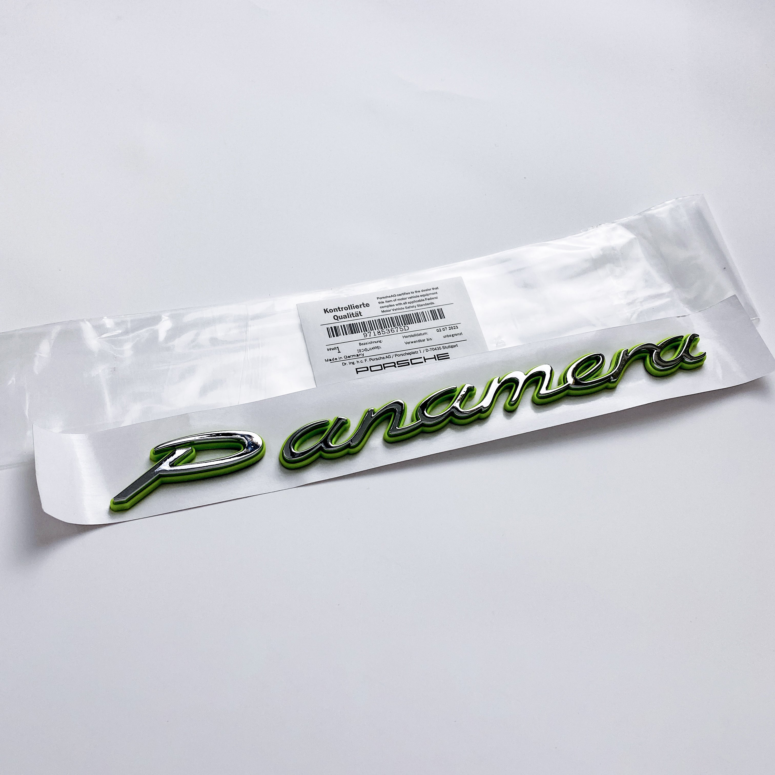 Porsche "Panamera" Letter Badge Emblem Car Sticker Green Base Sliver 971853675D Italiaspares