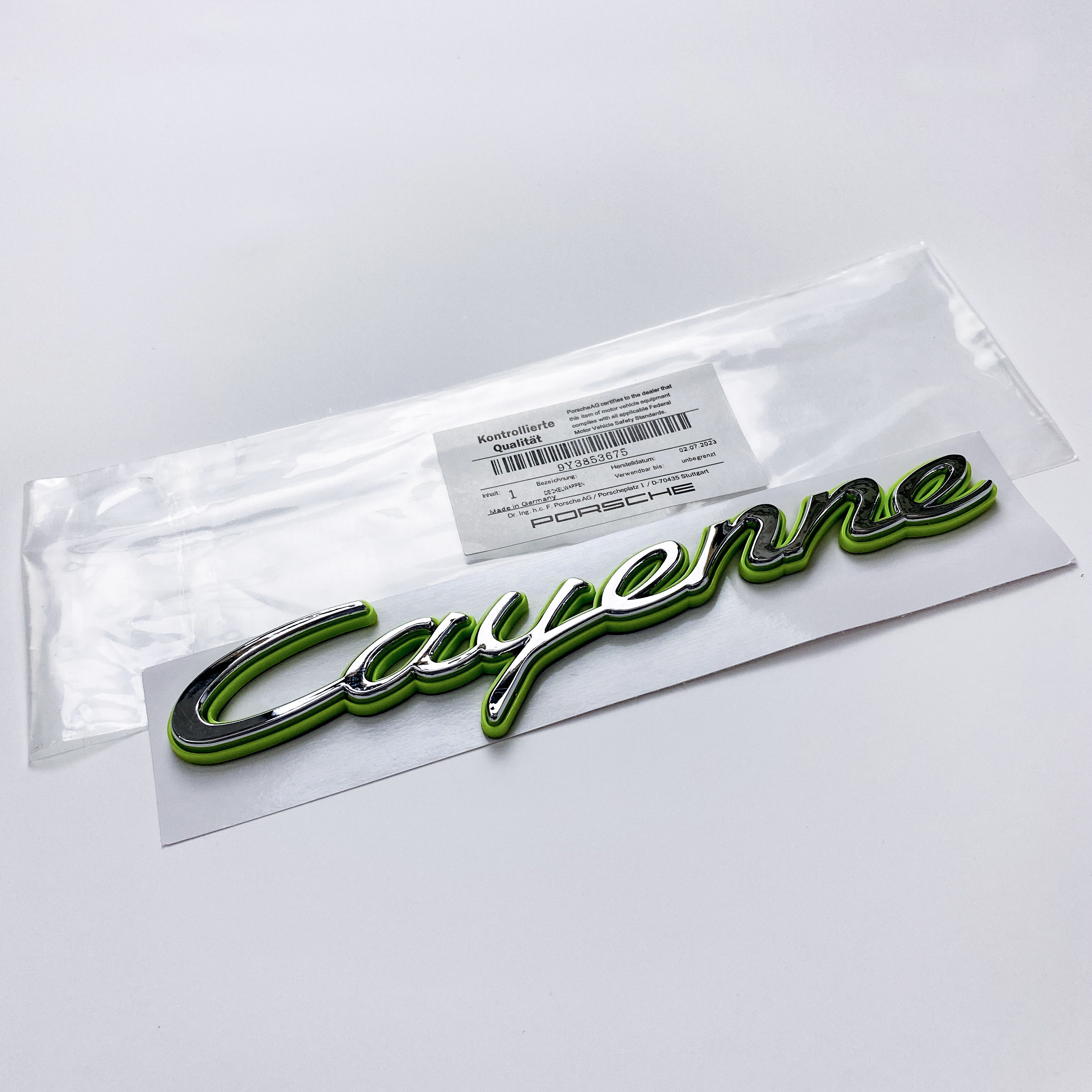 Porsche "Cayenne" Rear Trunk Emblem Decal Badge Green Base Sliver 9Y3853675 Italiaspares
