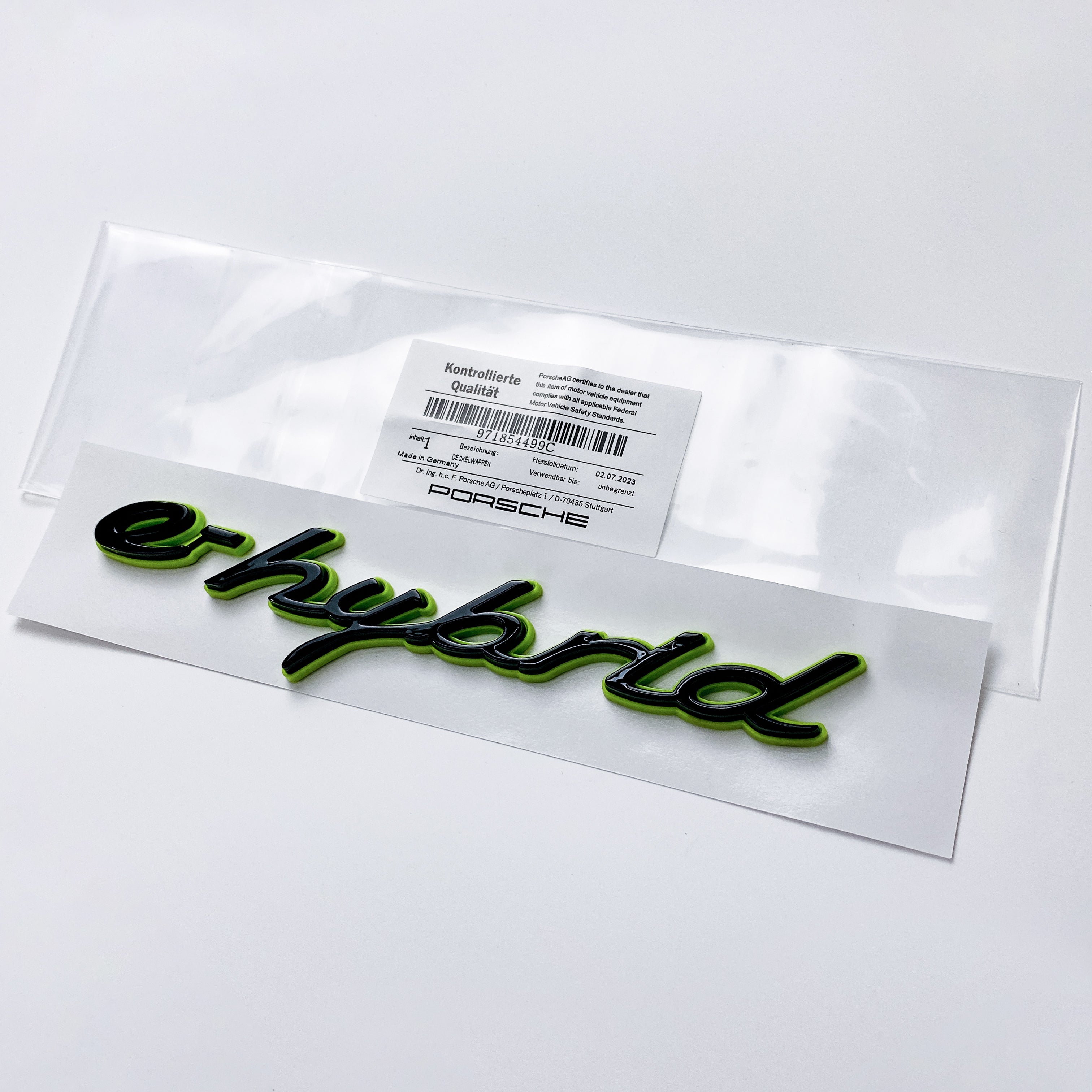 Porsche "e-hybrid" Letter Badge Emblem Car Sticker Green Base Black 971854499C Italiaspares