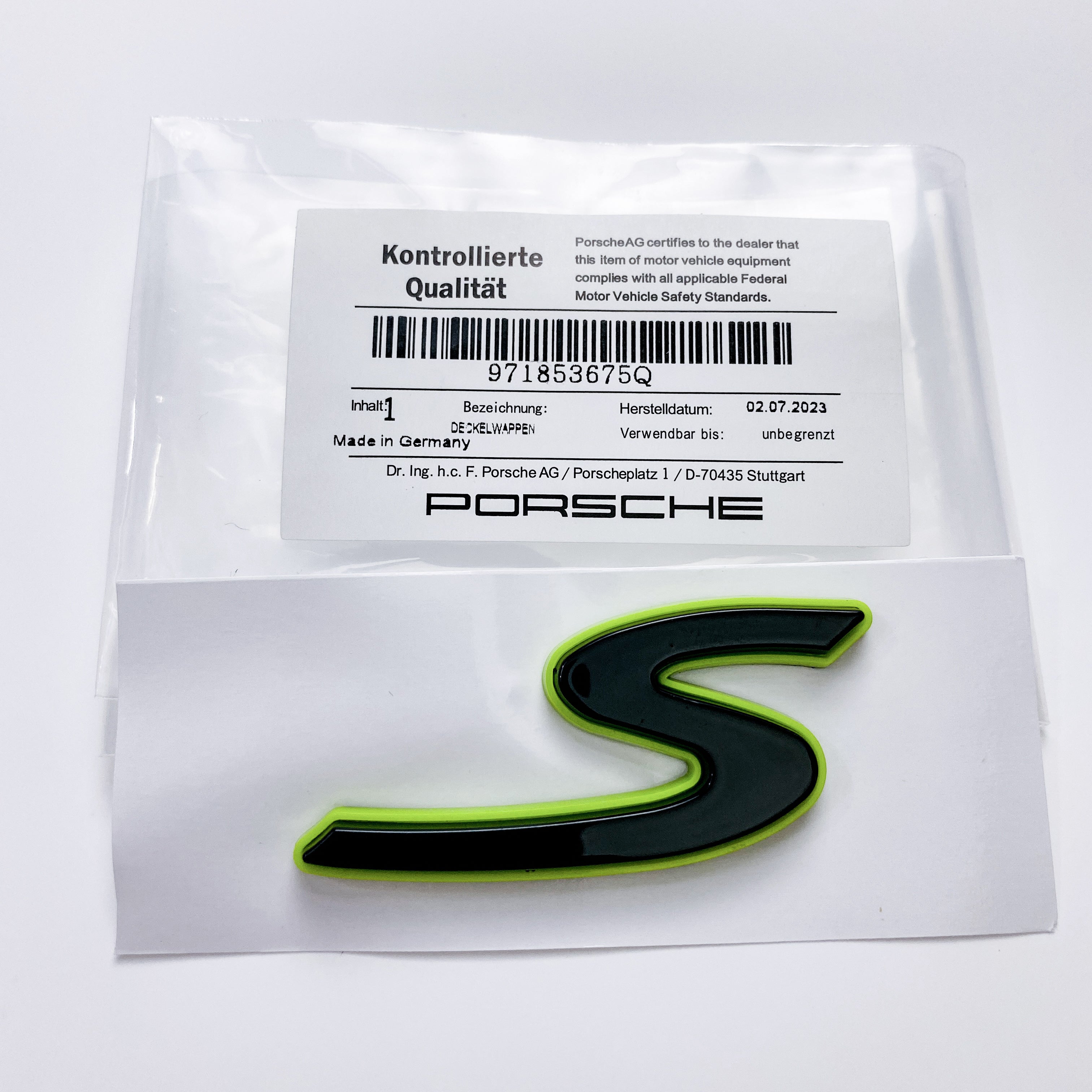 Porsche “S” Rear Emblem Badge Logo Nameplate Letter Green Base Black 971853675Q Italiaspares