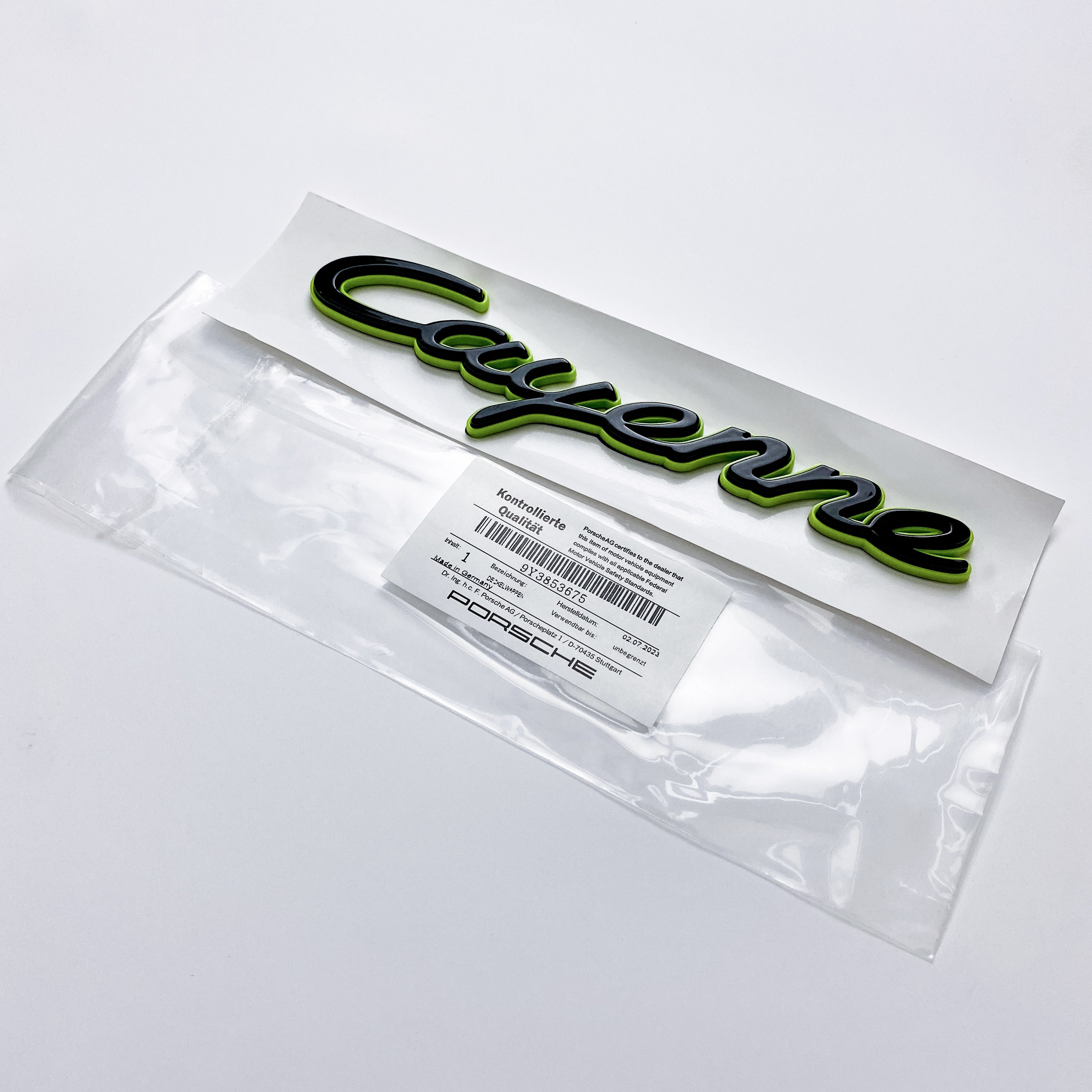 Porsche "Cayenne" Rear Trunk Emblem Decal Badge Green Base Black 9Y3853675 Italiaspares