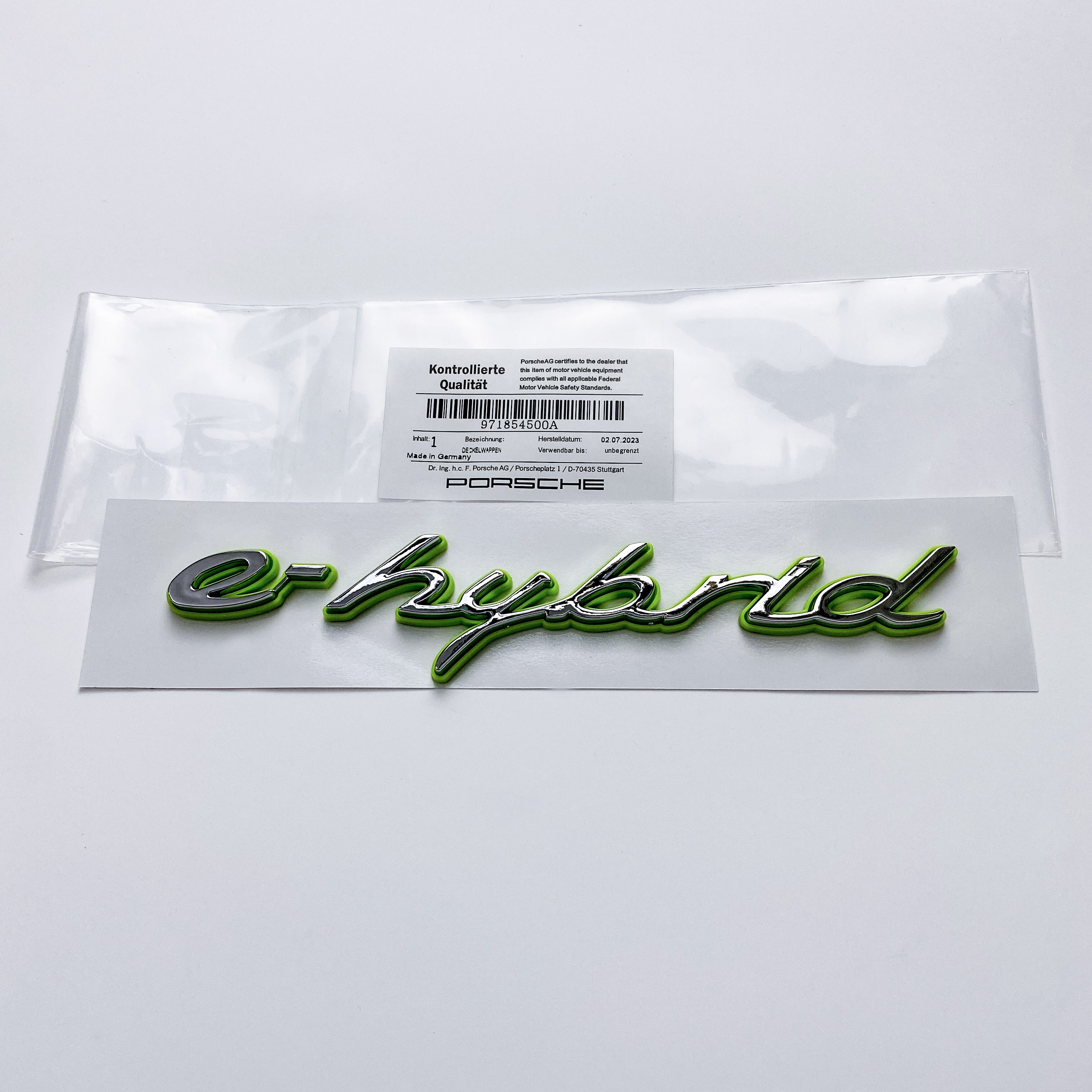 Porsche "e-hybrid" Letter Badge Emblem Car Sticker Green Base Sliver 971854500A Italiaspares