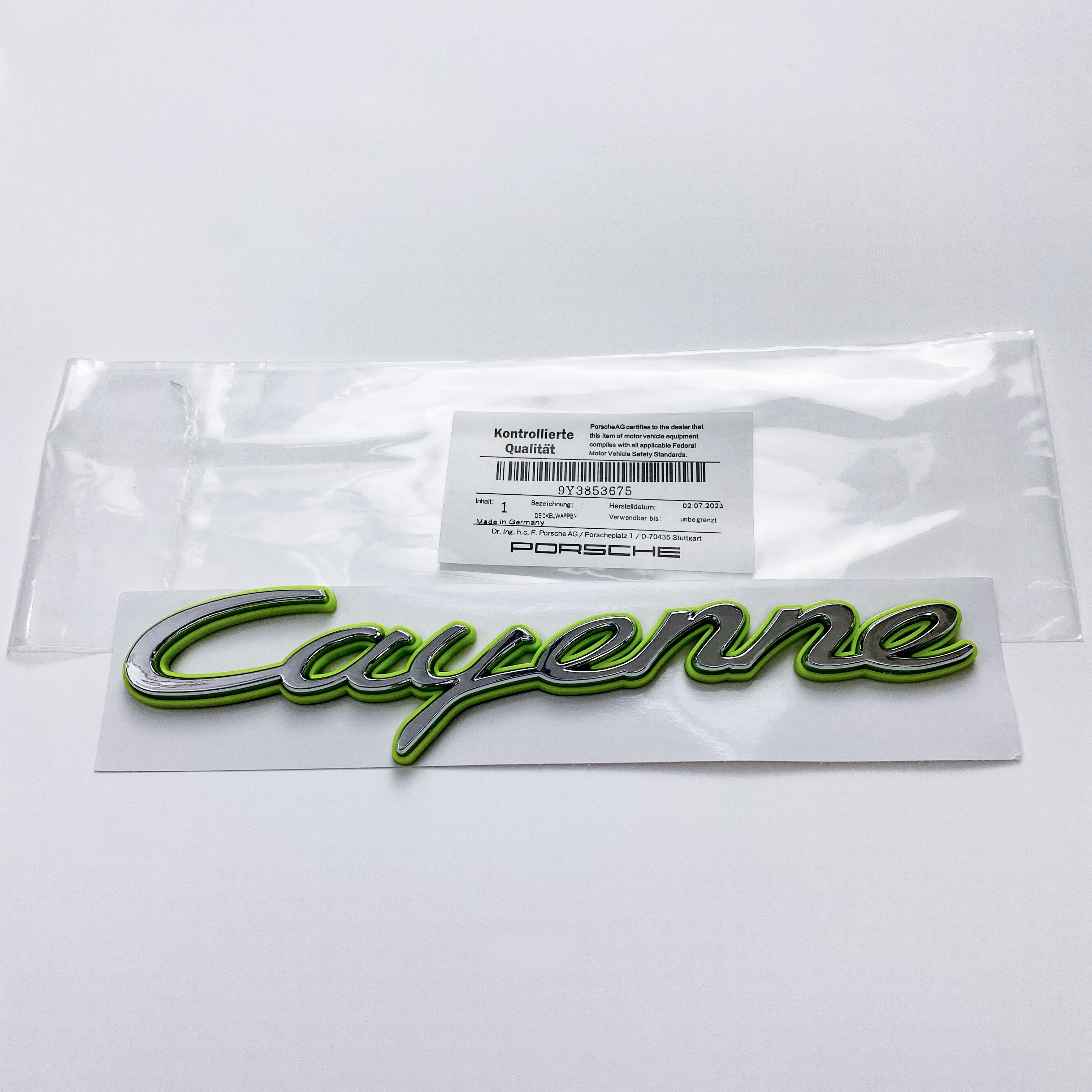 Porsche "Cayenne" Rear Trunk Emblem Decal Badge Green Base Sliver 9Y3853675 Italiaspares