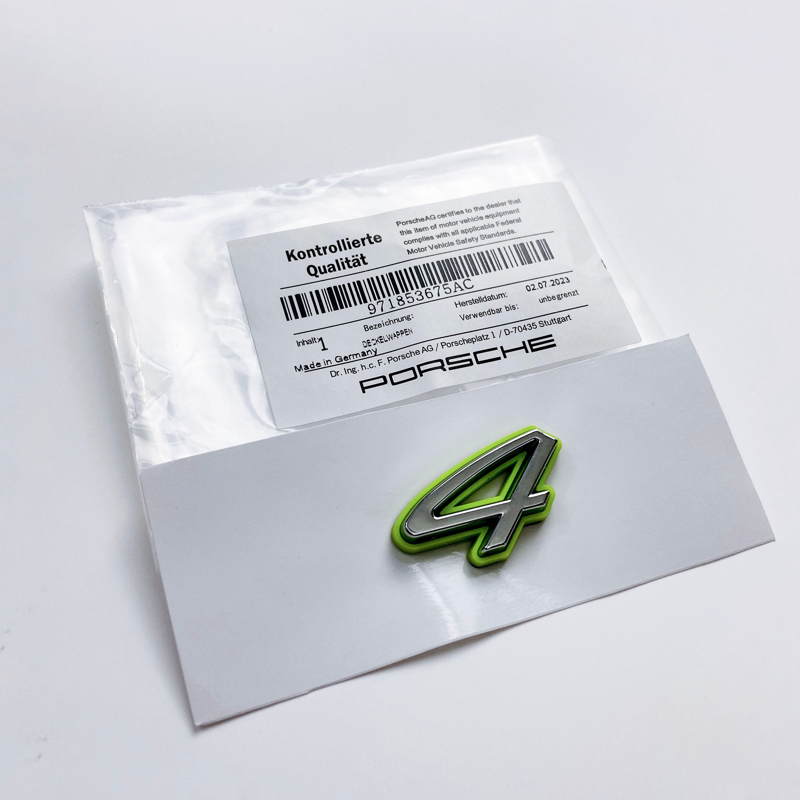 Porsche "4" Rear Emblem Badge Logo Nameplate Letter Green Base Sliver 971853675AC Italiaspares