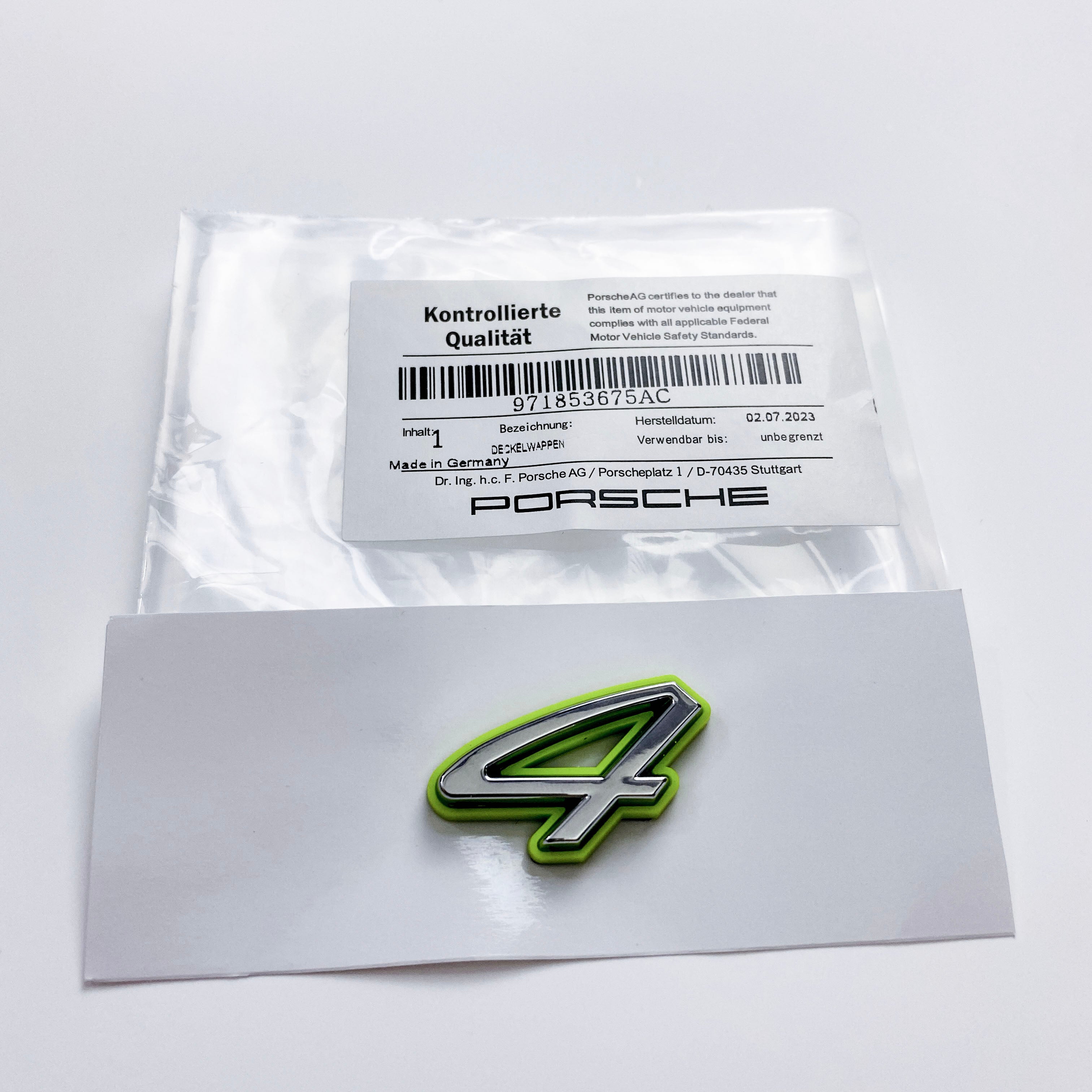Porsche "4" Rear Emblem Badge Logo Nameplate Letter Green Base Sliver 971853675AC Italiaspares