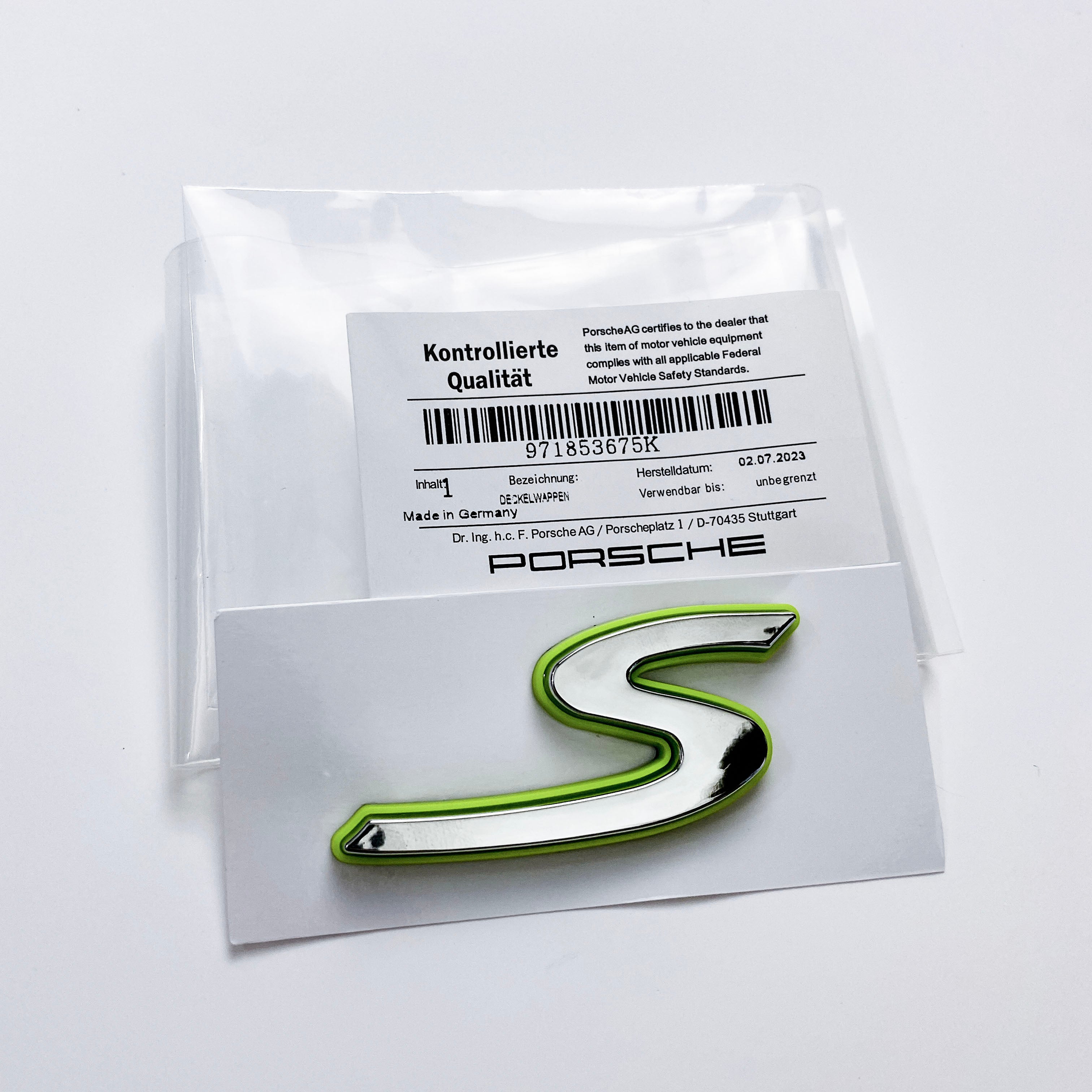 Porsche “S” Rear Emblem Badge Logo Nameplate Letter Green Base Sliver 971853675K Italiaspares