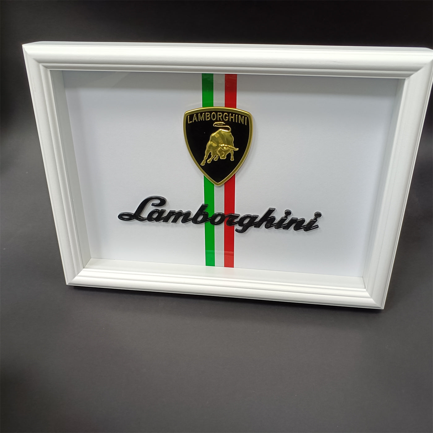Lamborghini Emblem Wooden Glass Frame with White Border – Luxury Automotive Display Italiaspares