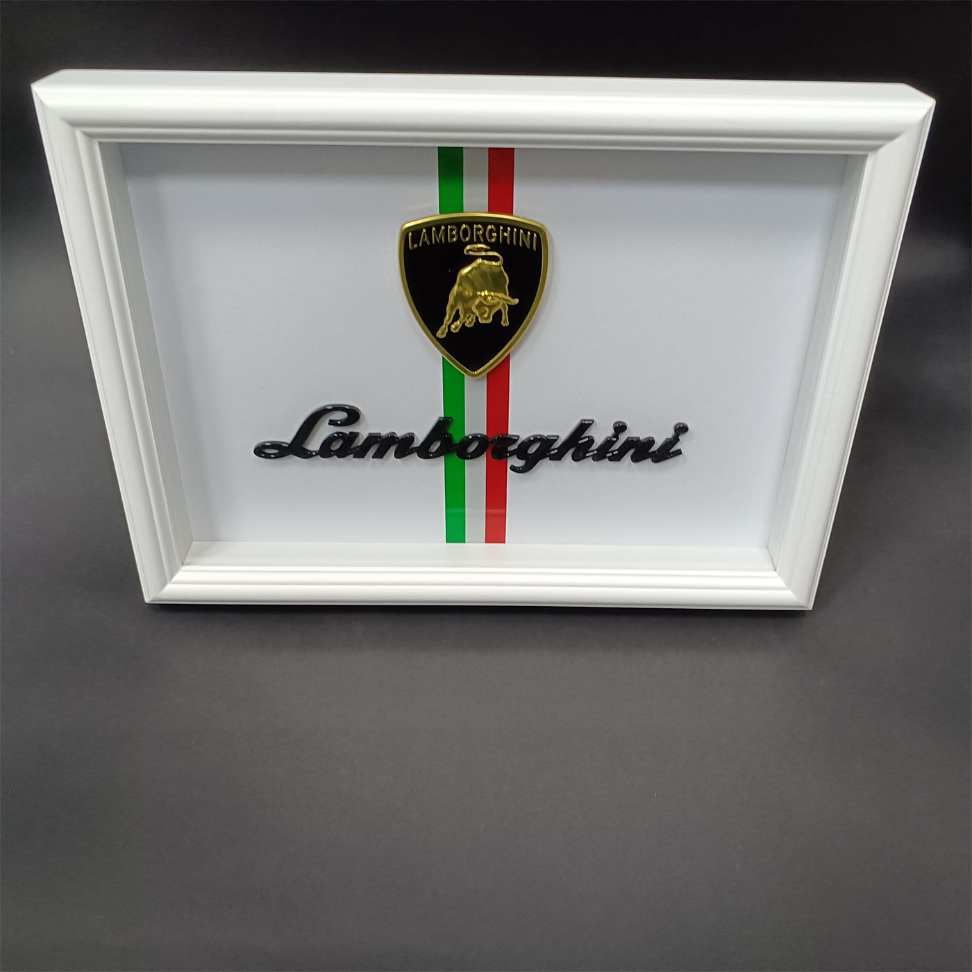 Lamborghini Emblem Wooden Glass Frame with White Border – Luxury Automotive Display Italiaspares