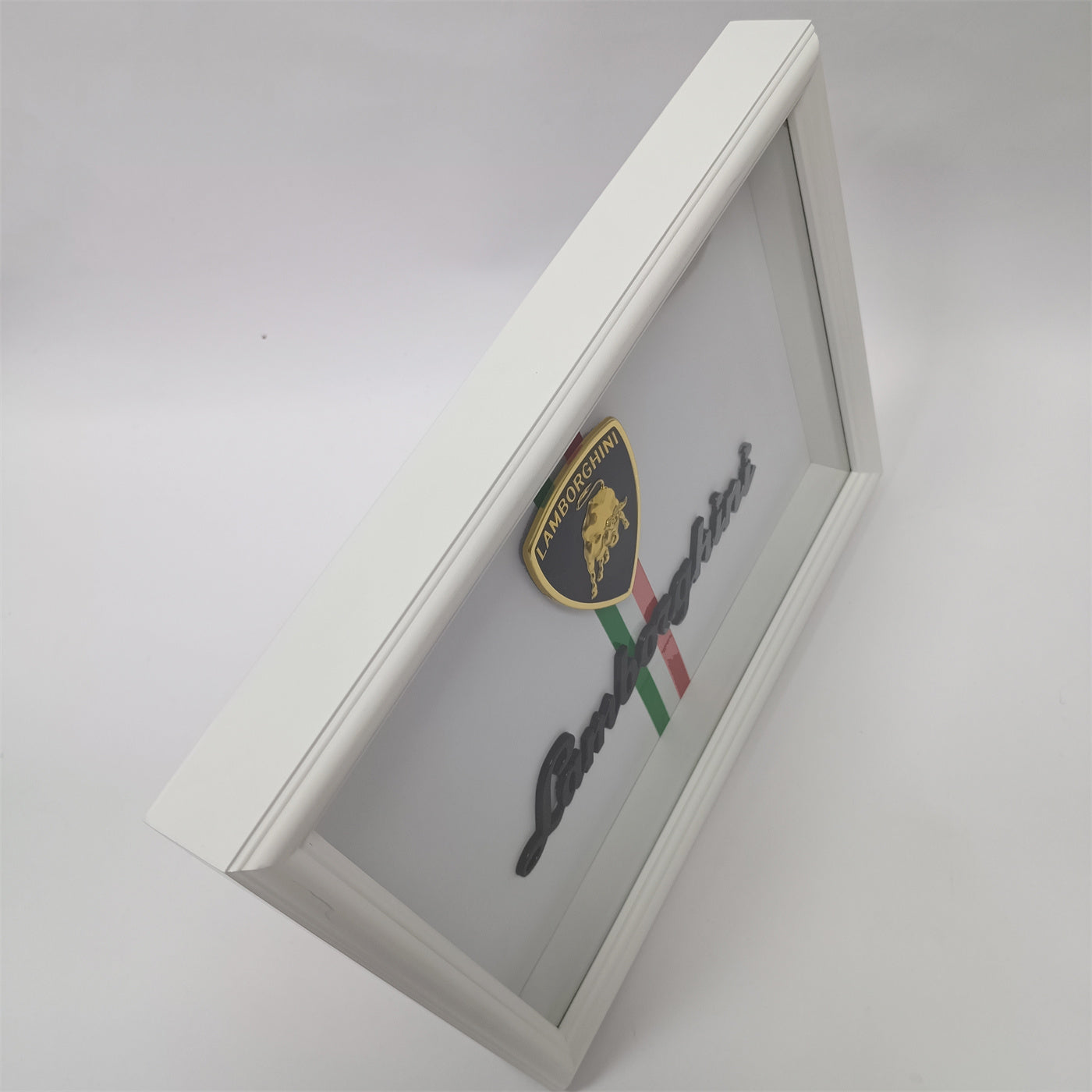 Lamborghini Emblem Wooden Glass Frame with White Border – Luxury Automotive Display Italiaspares