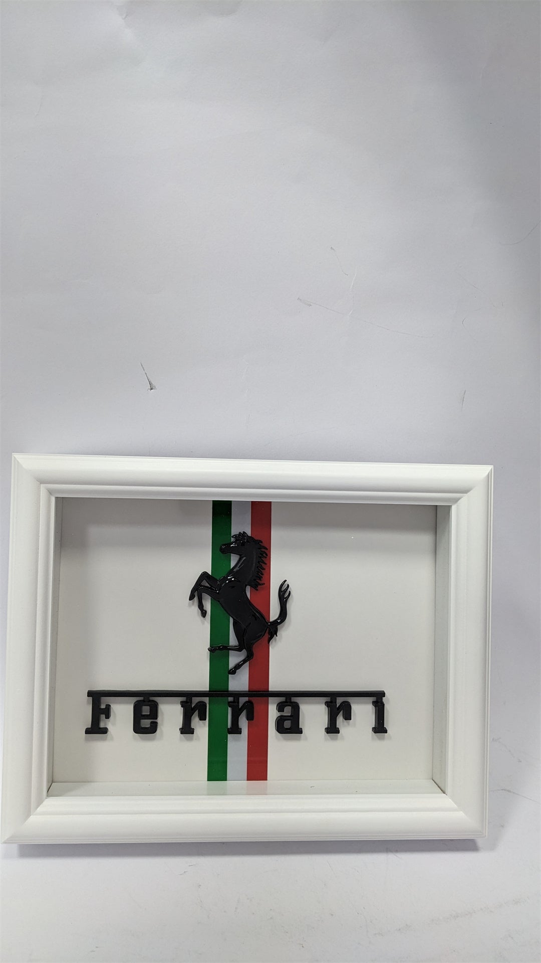 Ferrari Emblem Wooden Glass Frame with White Border – Luxury Automotive Display Italiaspares