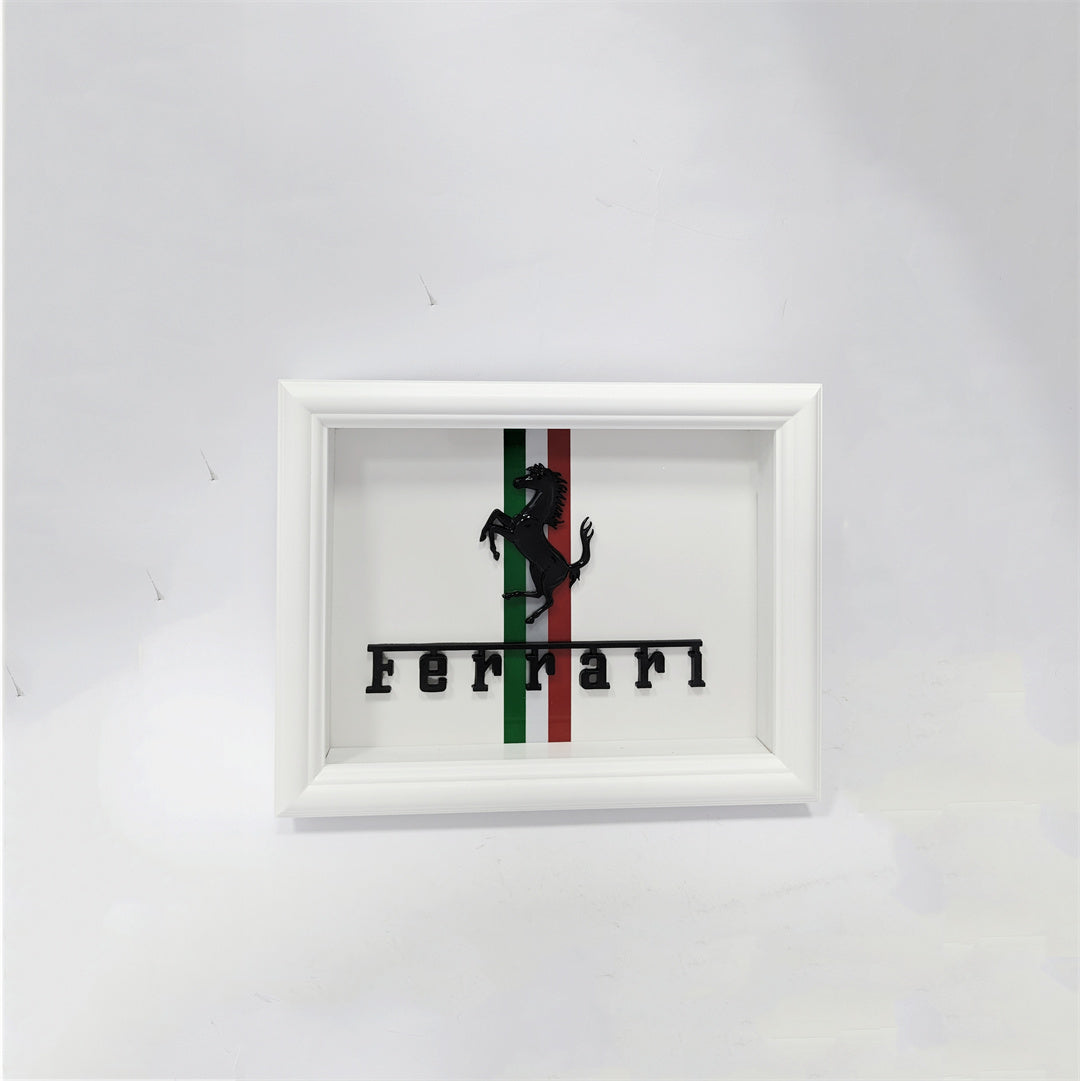 Ferrari Emblem Wooden Glass Frame with White Border – Luxury Automotive Display Italiaspares