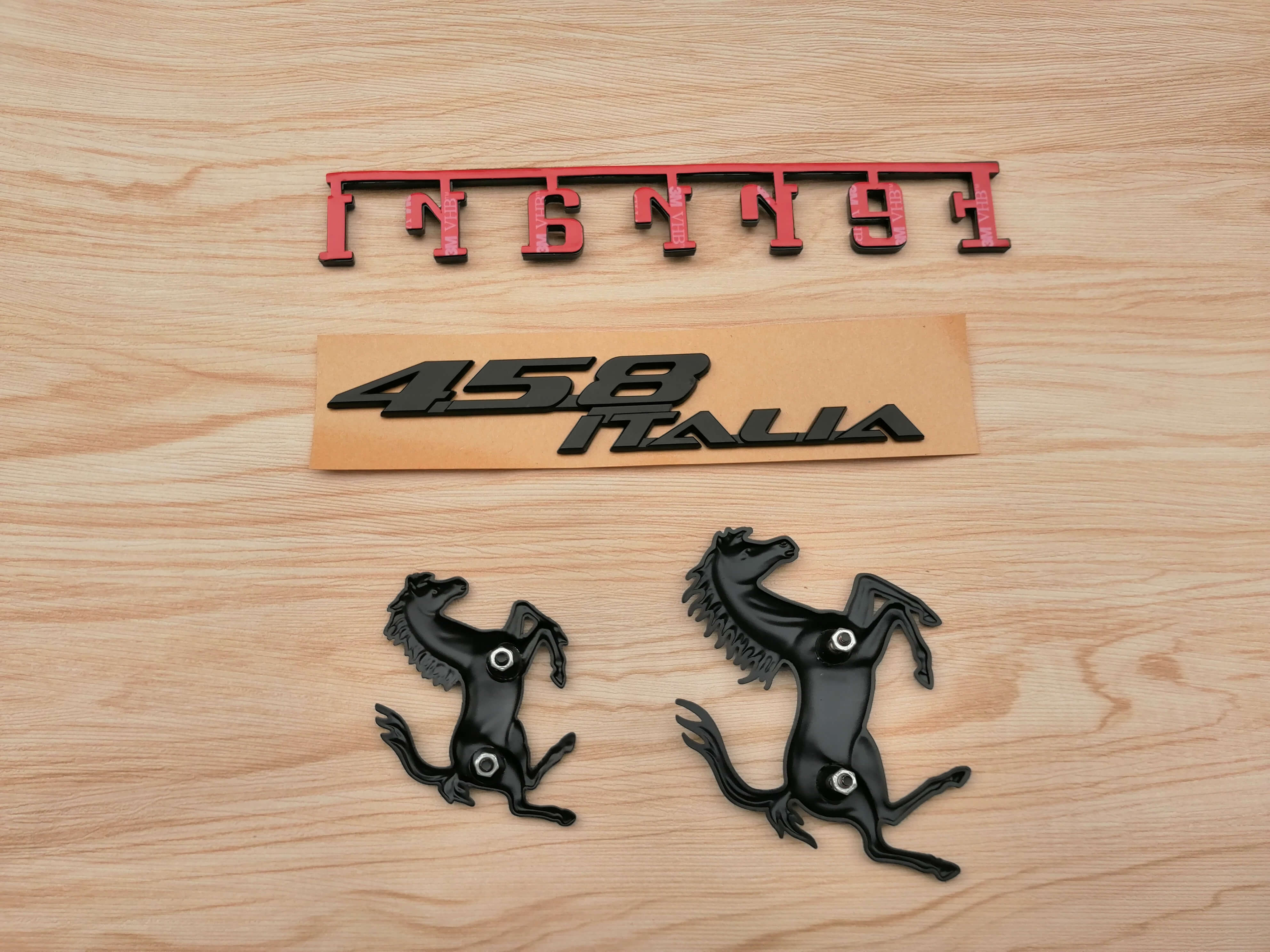 Ferrari 458 Italia Front & Rear Horse Emblem Script & Wheel Caps Kit Matte Black Italiaspares