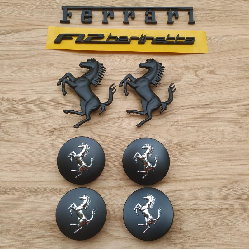 Ferrari F12 Front & Rear Horse Emblem Script & Wheel Caps Kit Matte Black Italiaspares