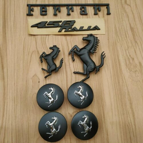 Ferrari 458 Italia Front & Rear Horse Emblem Script & Wheel Caps Kit Matte Black Italiaspares