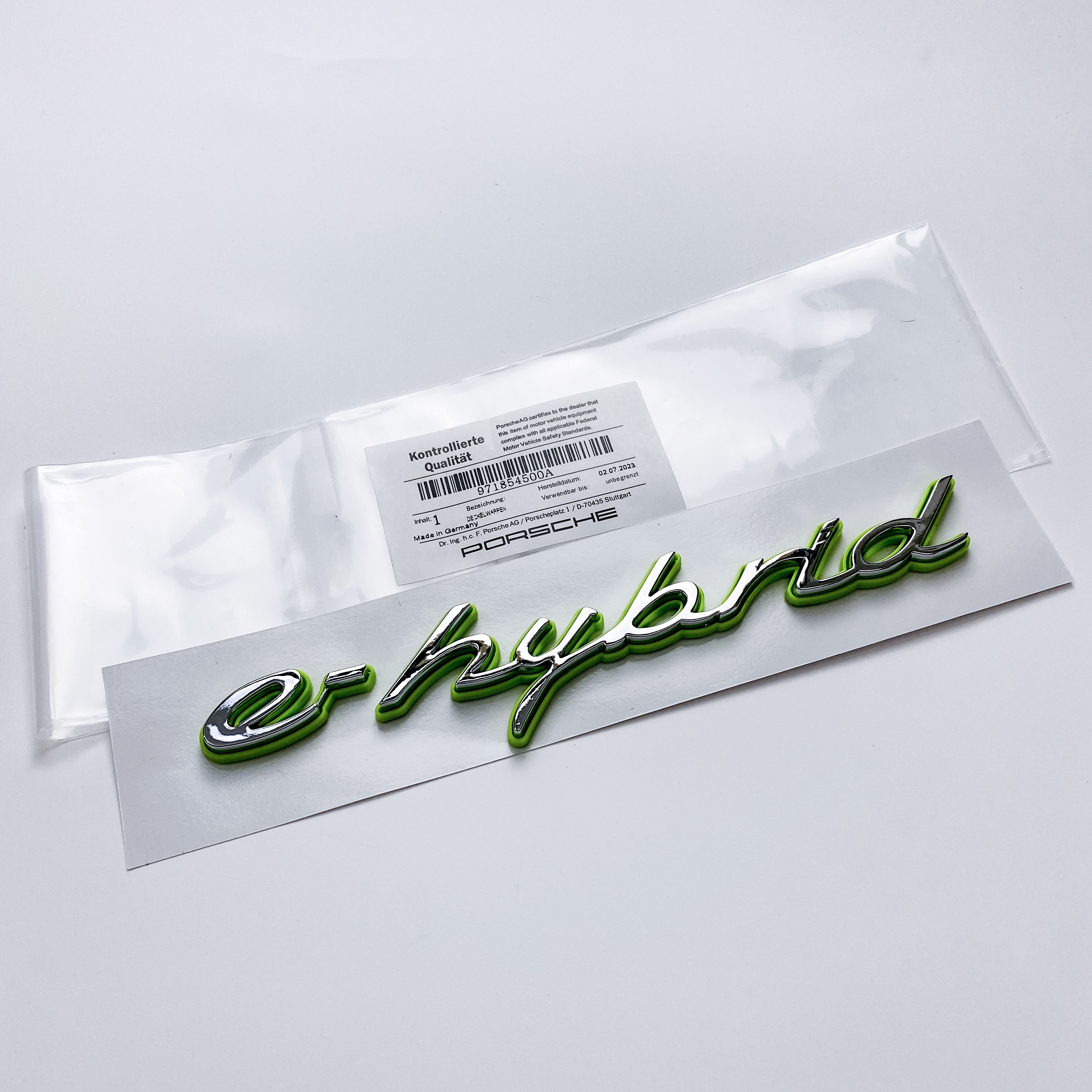 Porsche "e-hybrid" Letter Badge Emblem Car Sticker Green Base Sliver 971854500A Italiaspares