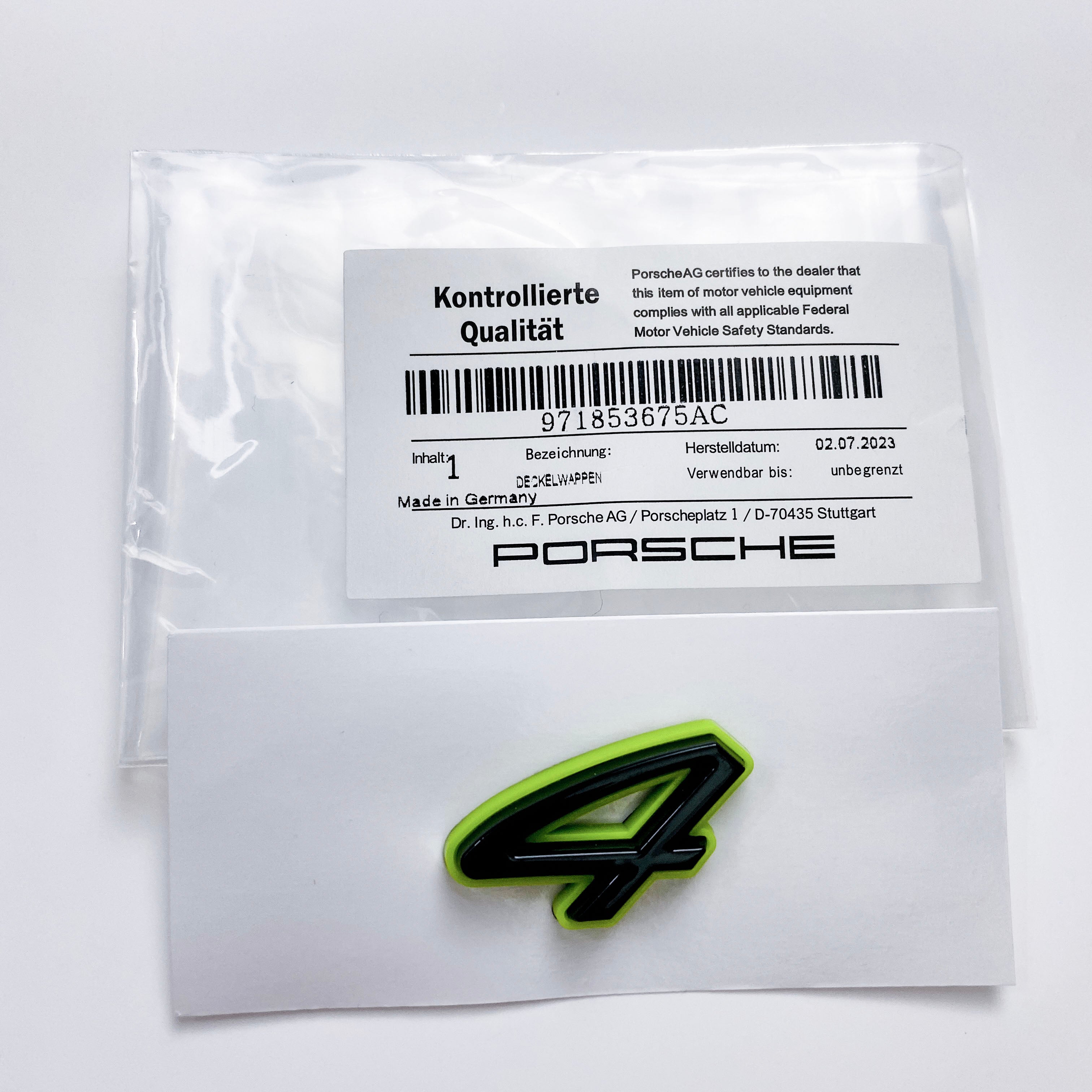 Porsche "4" Rear Emblem Badge Logo Nameplate Letter Green Base Black 971853675AC Italiaspares