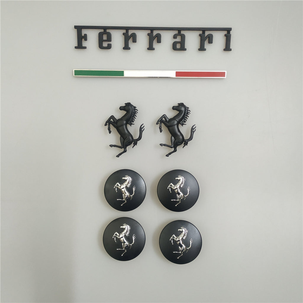 Ferrari Roma Italy badge&Rear Horse Badge Script & Wheel Caps Matte Black Kit Italiaspares