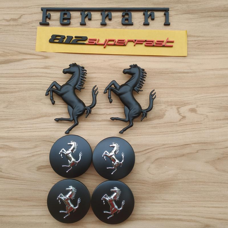 Ferrari 812 Front & Rear Horse Emblem Script & Wheel Caps Kit Matte Black Italiaspares