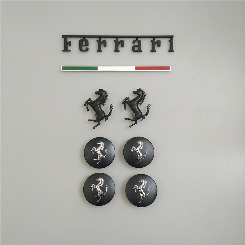 Ferrari Roma Italy badge&Rear Horse Badge Script & Wheel Caps Matte Black Kit Italiaspares